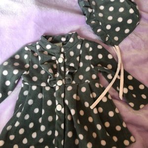 gray and pink polka dot pea coat & matching hat.